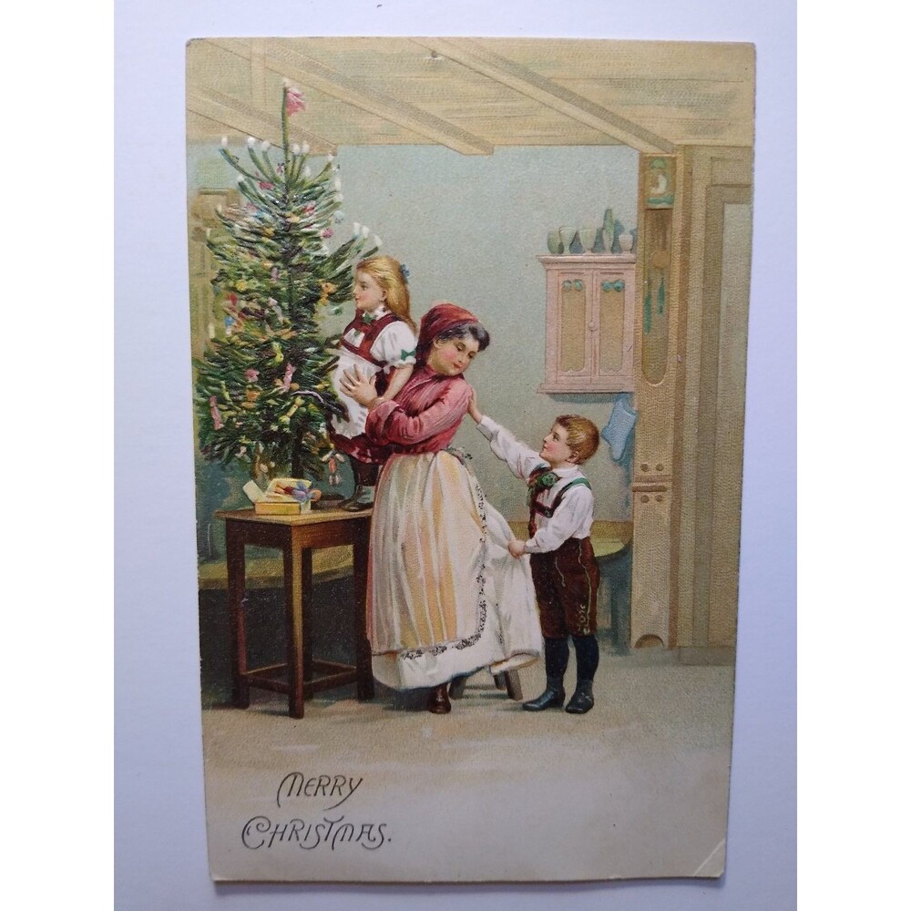 Vintage Embossed Christmas Postcard Mother Children Decorating Tree